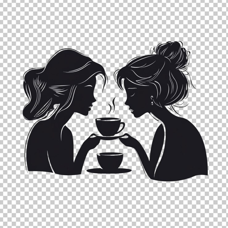 Mulheres latinas a beber café a fofocar sobre um fundo transparente.