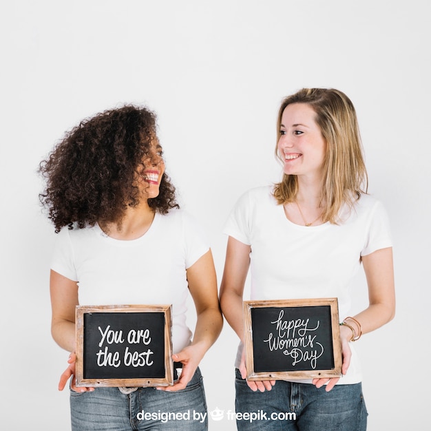 Mulheres, mostrando, ardósia, para, evento