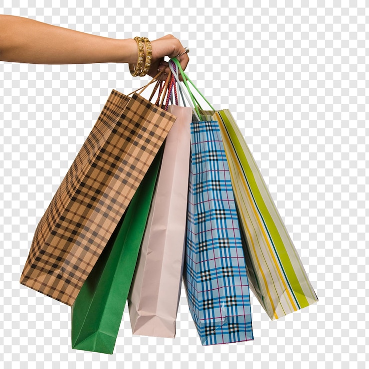 PSD mulheres segurando sacos de compras com vários desenhos