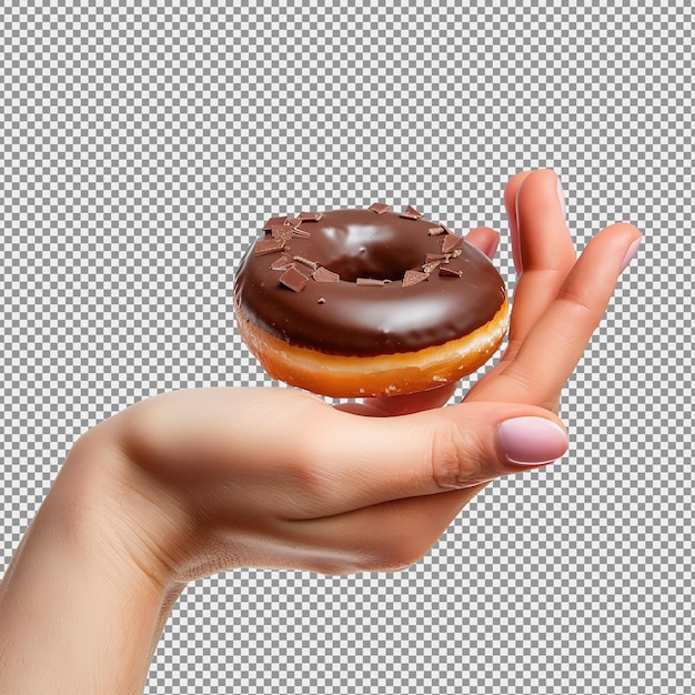 PSD mulheres segurando um donut de chocolate com amêndoa isolada em fundo branco