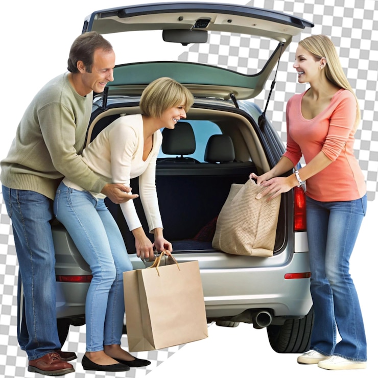 PSD mulheres, sentando, ligado, mala carro, com, alimento