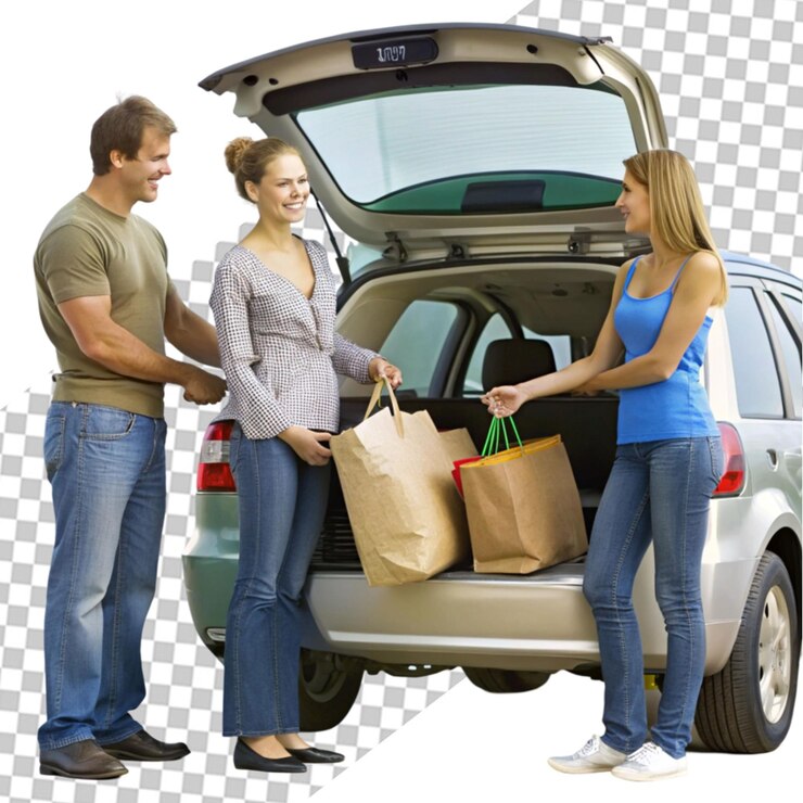PSD mulheres, sentando, ligado, mala carro, com, alimento