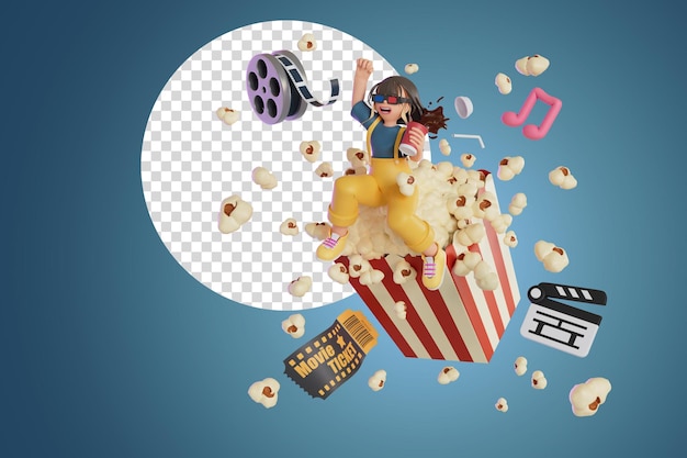 Mulheres usando óculos 3D assistindo a um filme e sua ilustração de renderização 3D de pipoca gigante