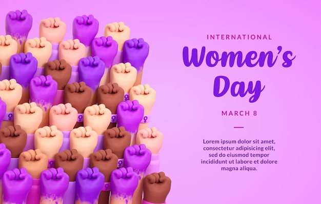 Multi puños levantados de mujeres para el Día Internacional de la Mujer y el activismo feminista en representación 3D