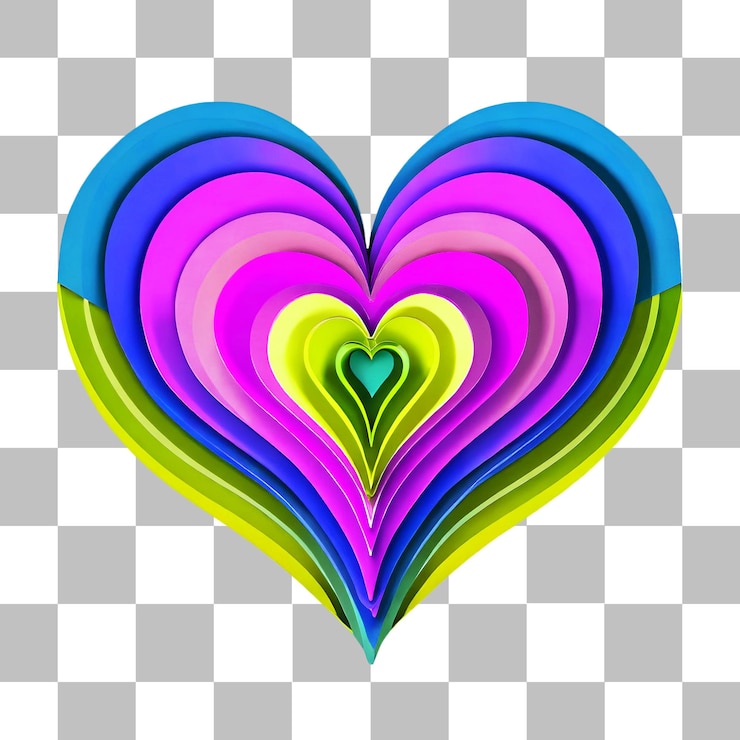 PSD multicolor hermoso icono en forma de corazón 3d de arte de corte de papel en fondo transparente