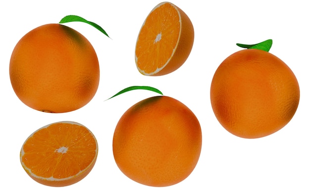 Múltiplas laranjas inteiras cortadas e com folhas