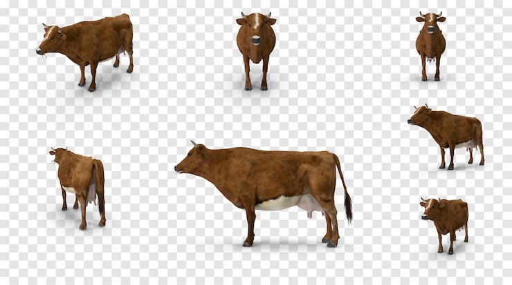 PSD multiple views of a brown cow on a transparent background