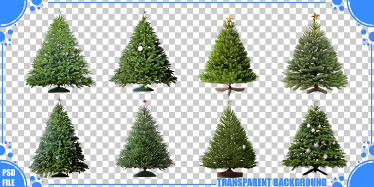 PSD múltiples diseños de árboles de navidad en un fondo transparente
