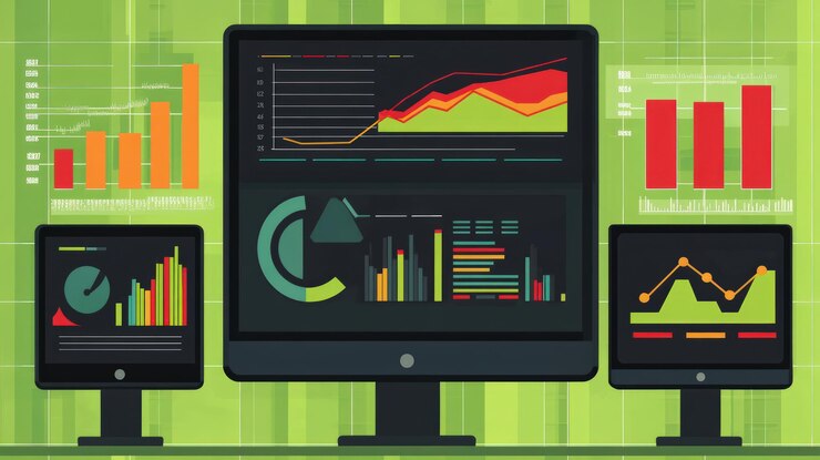 PSD múltiples monitores de computadora que muestran varios gráficos y gráficos de datos con un fondo de cuadrícula verde