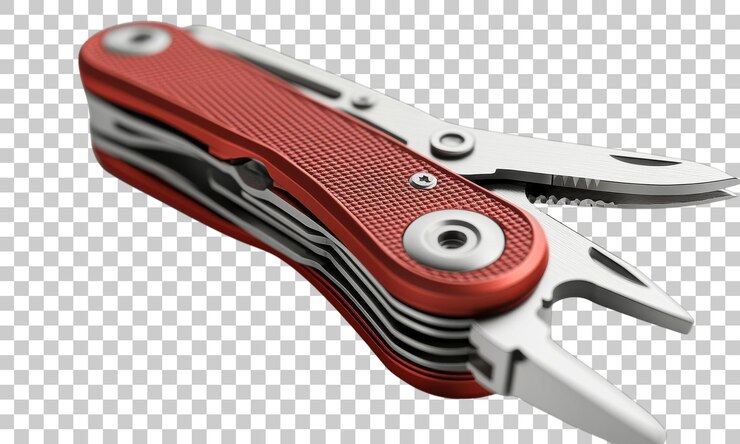 PSD multitool zeigt vielseitigkeit mit rotem und silbernem design für outdoor-abenteuer und reparaturen
