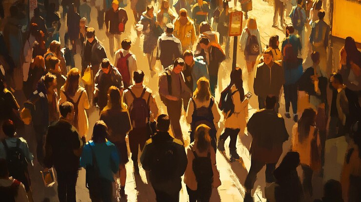 PSD una multitud bulliciosa de personas caminando a la luz del sol vista desde arriba