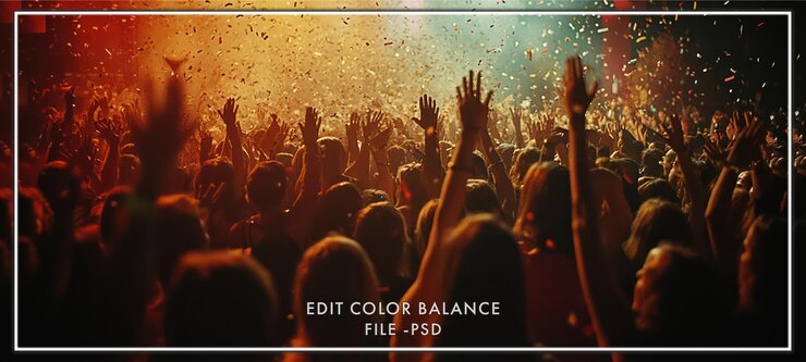 PSD una multitud de personas celebrando con confeti en un concierto