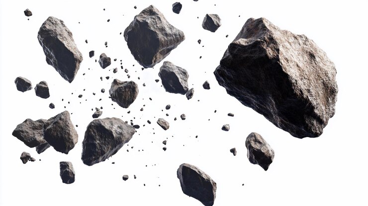 PSD una multitud de rocas y piedras de color gris oscuro de varios tamaños volando en el aire contra un fondo blanco