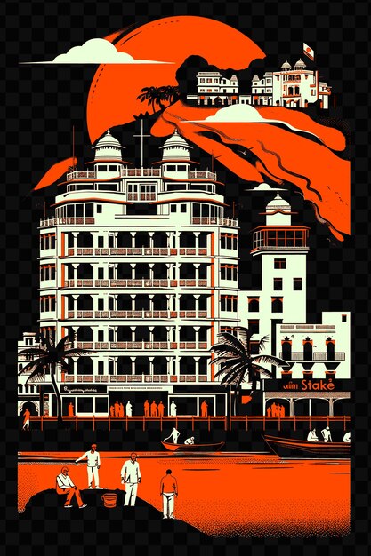 PSD mumbais marine drive con la escena de la calle costera art deco buil psd vector camiseta tatuaje tinta escena de arte