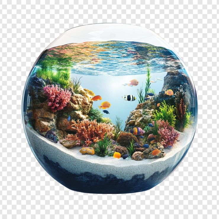PSD mundo subaquático em uma esfera de vidro peixe vibrante cena oceânica de recife de coral