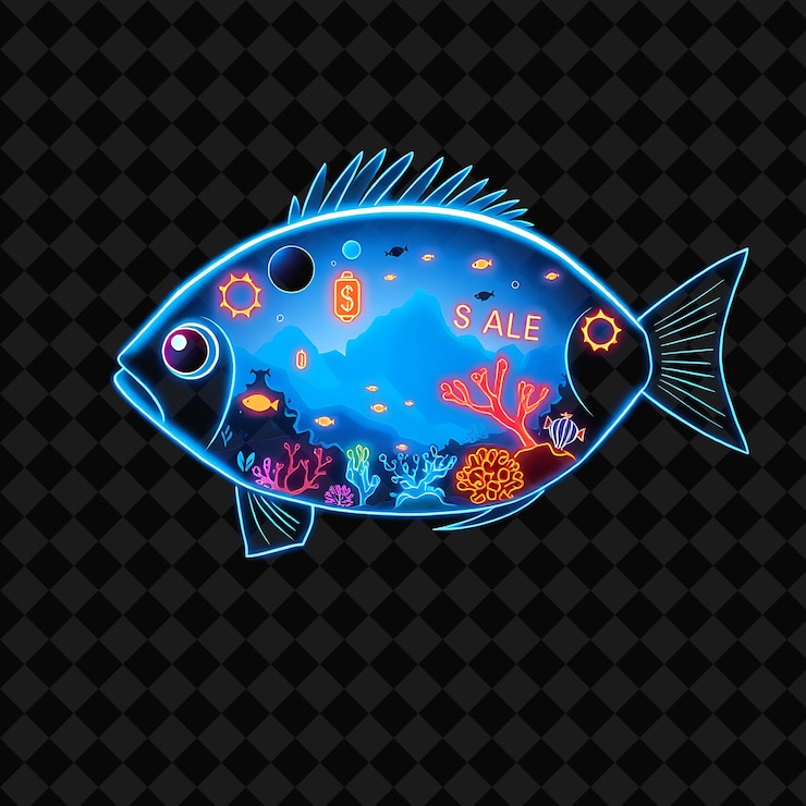 PSD un mundo submarino de neón radiante dentro de un paisaje de peces de silueta con corales brillantes etiquetas de venta y