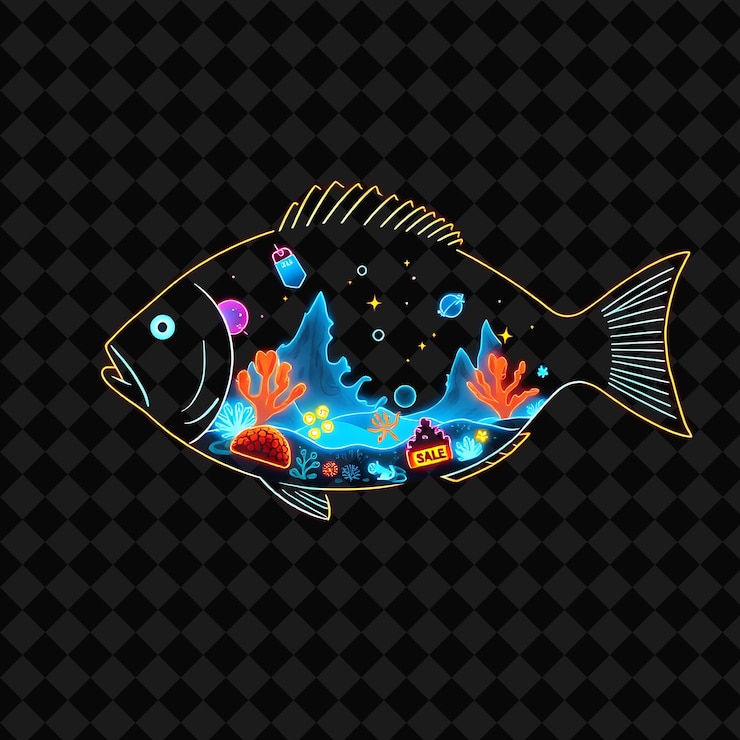 PSD un mundo submarino de neón radiante dentro de un paisaje de peces de silueta con corales brillantes etiquetas de venta y