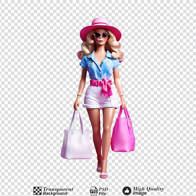 PSD muñeca barbie con bolsas de compras ciudad aislada en fondo transparente