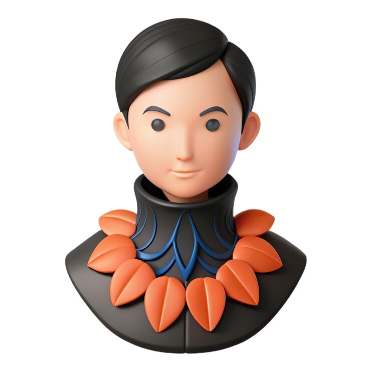 PSD una muñeca con cabello naranja y negro y un vestido negro con flores de naranja