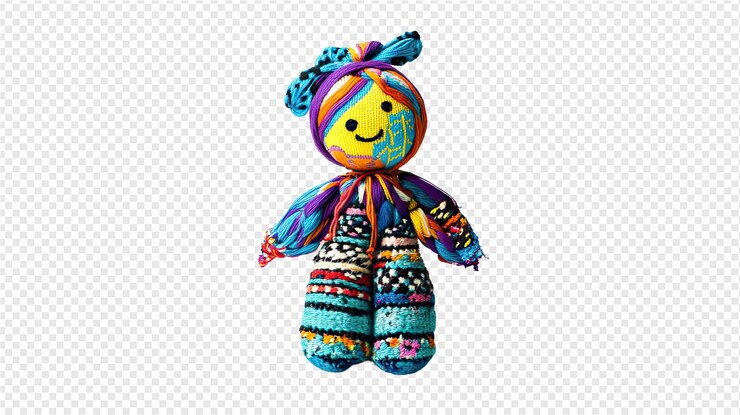 PSD una muñeca de colores con una bufanda de colores y plumas de colores