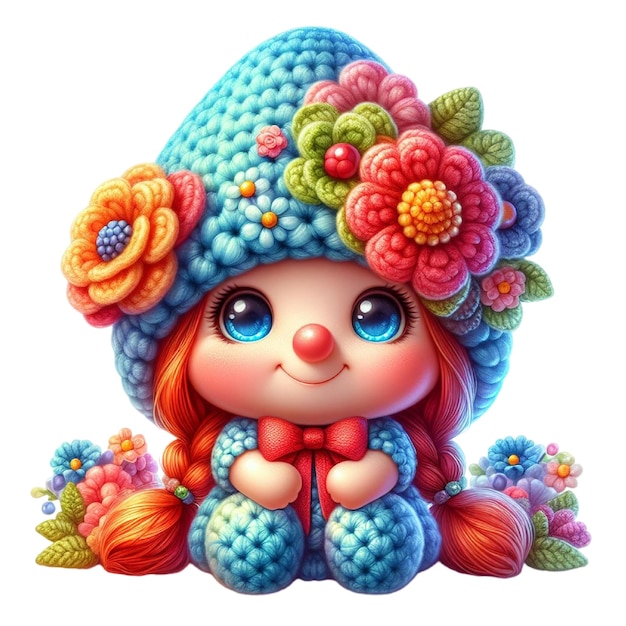una muñeca colorida con un sombrero azul y flores en él