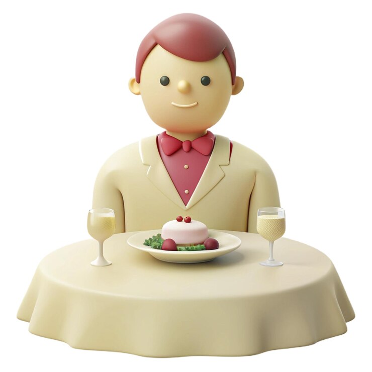 PSD una muñeca con una corbata se sienta en una mesa con un plato de comida y un vaso de vino