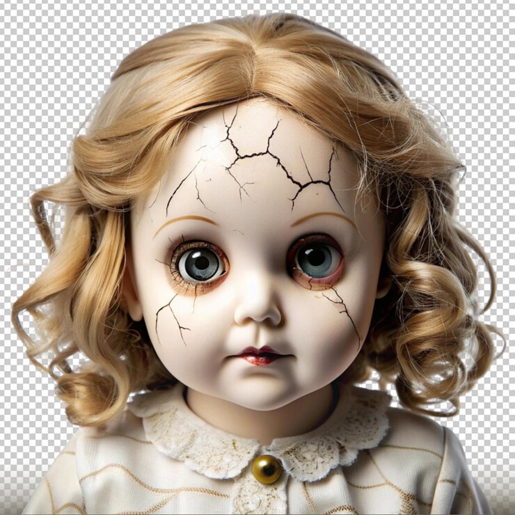 PSD muñeca embrujada con piel de porcelana agrietada y ojos vacíos aislados en un fondo transparente