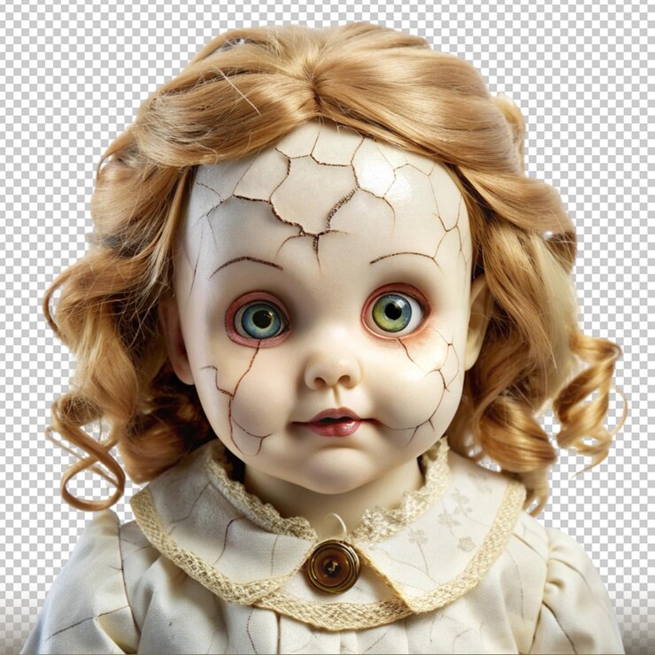 PSD muñeca embrujada con piel de porcelana agrietada y ojos vacíos aislados en un fondo transparente