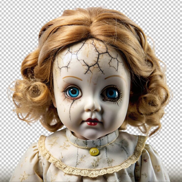 PSD muñeca embrujada con piel de porcelana agrietada y ojos vacíos aislados en un fondo transparente