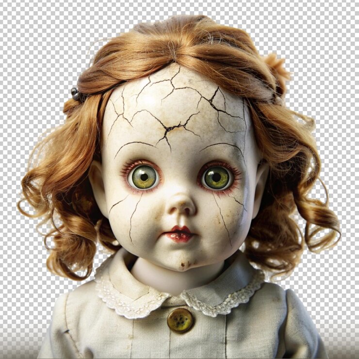 PSD muñeca embrujada con piel de porcelana agrietada y ojos vacíos aislados en un fondo transparente
