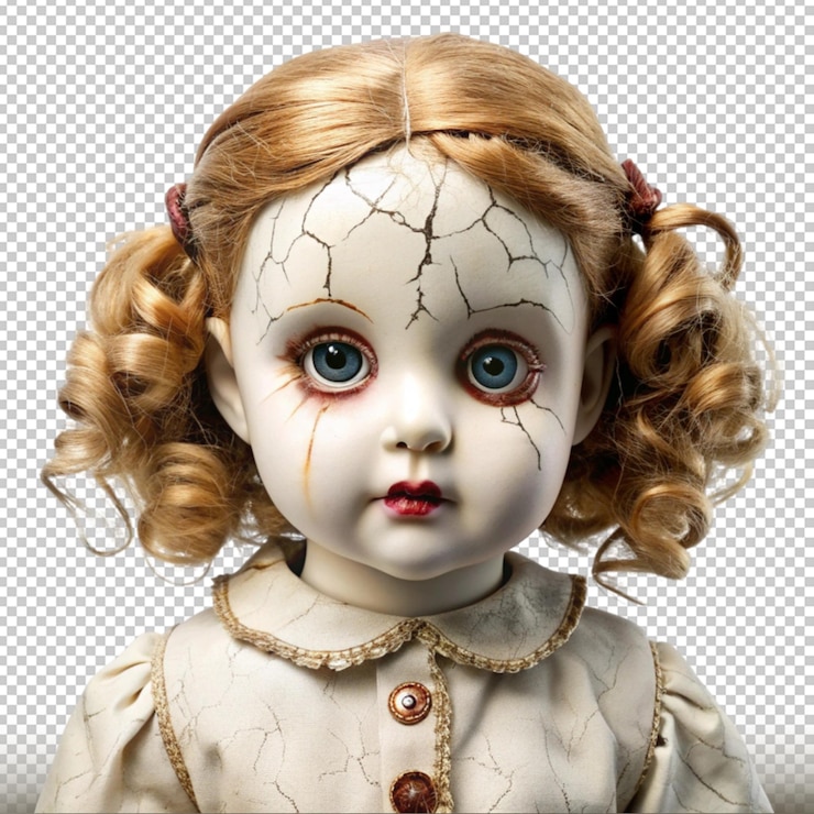 PSD muñeca embrujada con piel de porcelana agrietada y ojos vacíos aislados en un fondo transparente