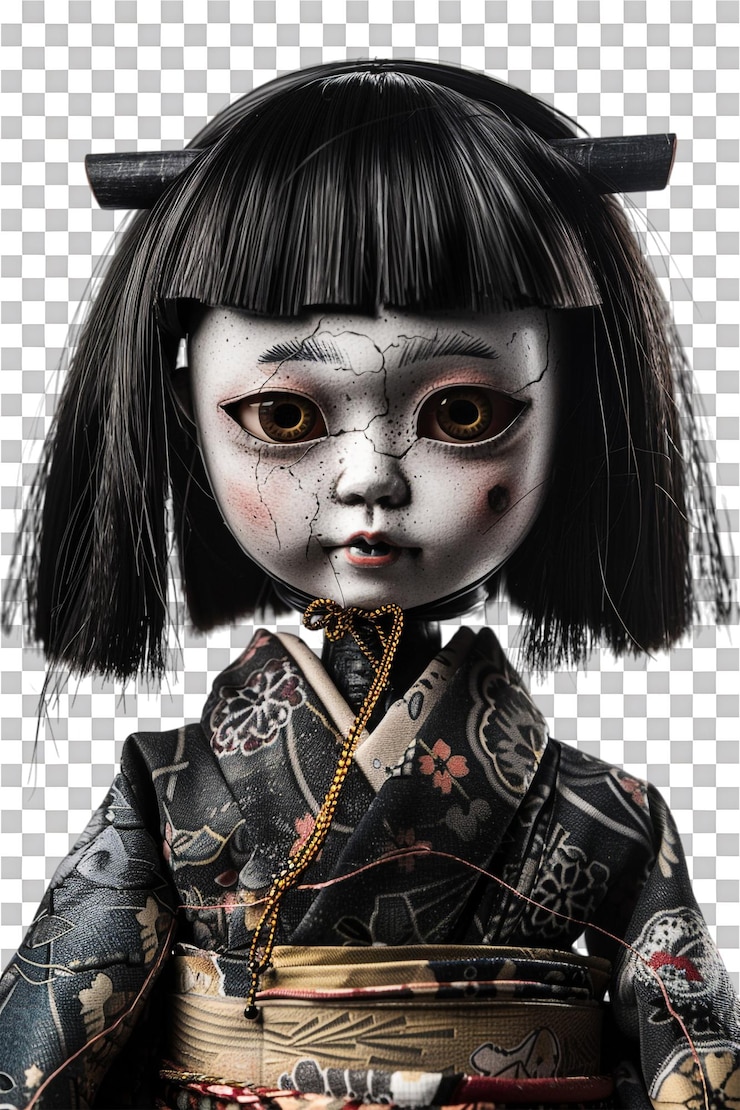 PSD muñeca japonesa espeluznante aislada sobre un fondo transparente