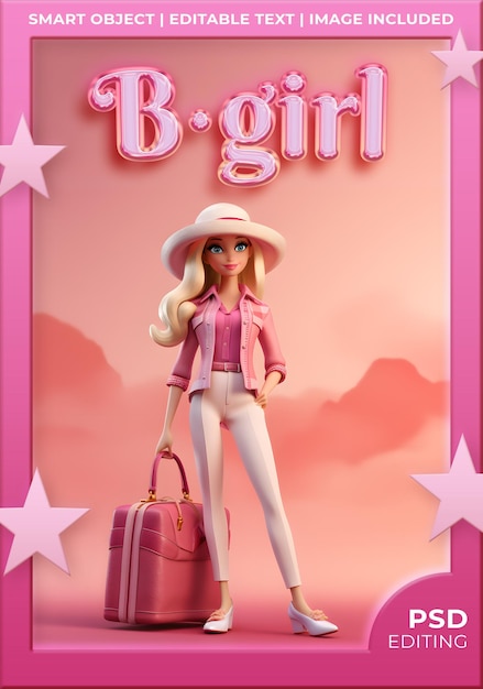 PSD muñeca de plástico con caja rosa figura de una mujer con ropa moderna tipografía rosa editable