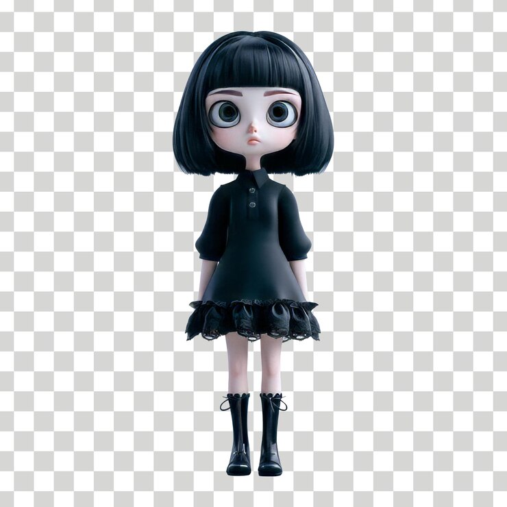 una muñeca con un vestido negro y un suéter negro está de pie frente a un fondo blanco