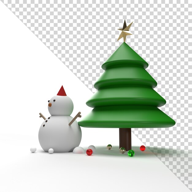 Muñeco de nieve y árbol de navidad aislado en representación 3d