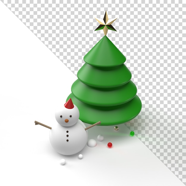 Muñeco de nieve y árbol de navidad aislado en representación 3d