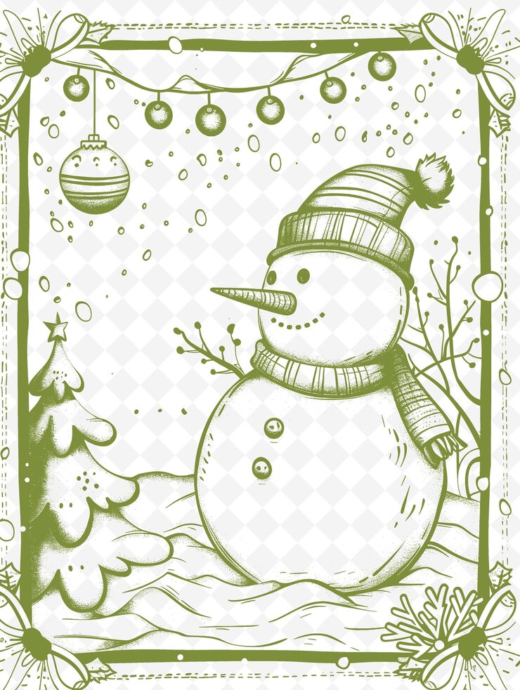 PSD un muñeco de nieve con un árbol de navidad al fondo