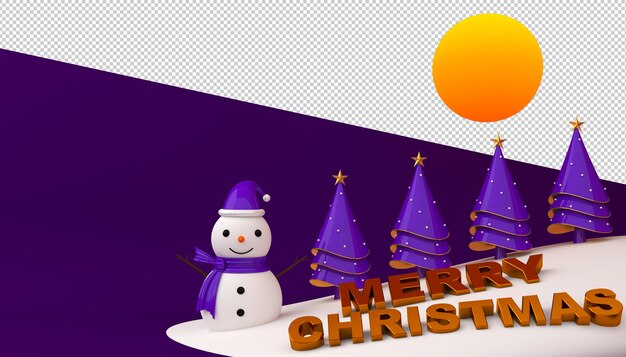Muñeco de nieve y árbol de Navidad con texto de feliz Navidad en representación 3d