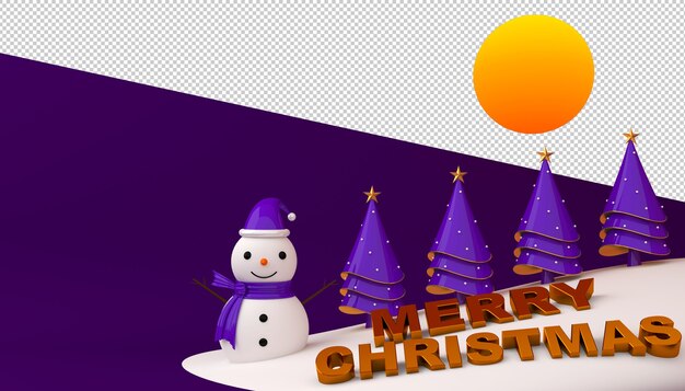 Muñeco de nieve y árbol de navidad con texto de feliz navidad en representación 3d