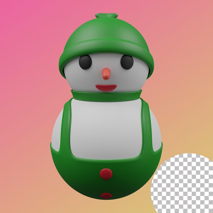 Un muñeco de nieve con pantalón verde y camisa verde con nariz roja.