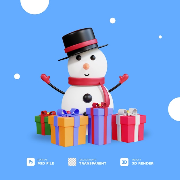 Muñeco de nieve de sombrero negro de navidad 3d y caja de regalo con fondo transparente