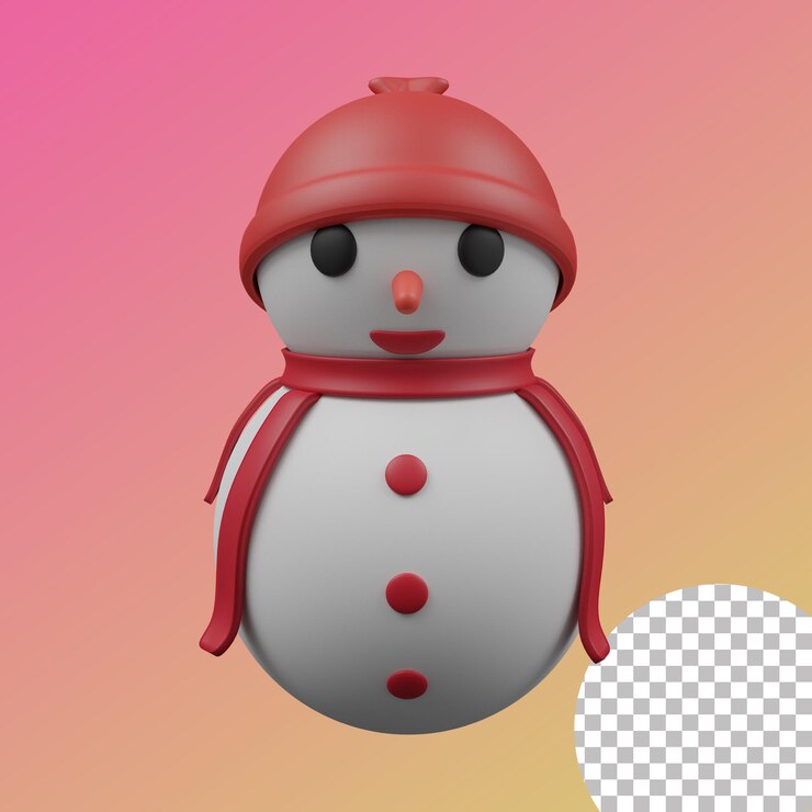 Un muñeco de nieve con sombrero rojo y bufanda roja.