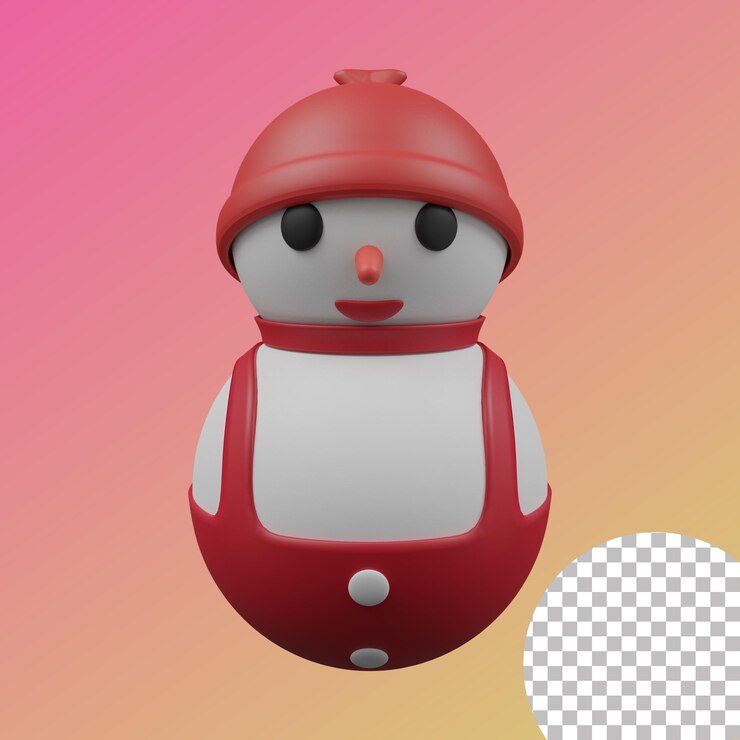 Un muñeco de nieve con un sombrero rojo y un delantal rojo.