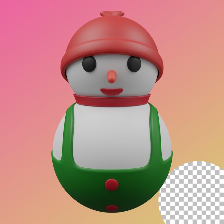 Un muñeco de nieve con sombrero rojo y pantalones verdes.