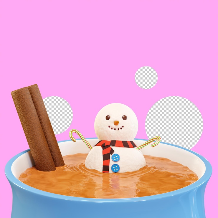 PSD muñeco de nieve en una taza de chocolate caliente o cacao 3d render creative cappuccino con malvaviscos
