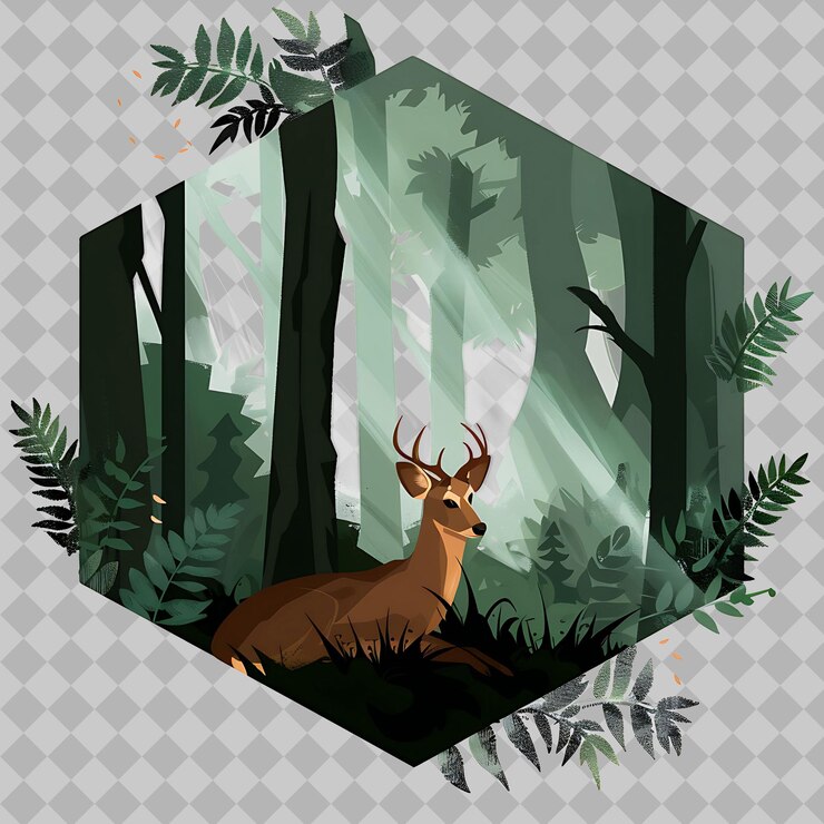 PSD muntjac dentro de una silueta de bosque hexagonal adornado con un pe png acuarela diseños de animales