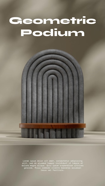 mur gris et arc en béton rendu 3D podium de texture bois scène vide en mode portrait