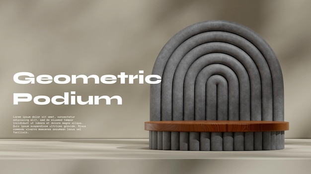 mur gris et arc en béton rendu 3D podium de texture bois scène vide en paysage