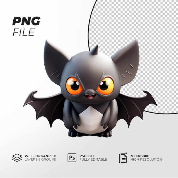 PSD murciélago de dibujos animados 3d con ojos naranjas y un cuerpo negro tema de halloween