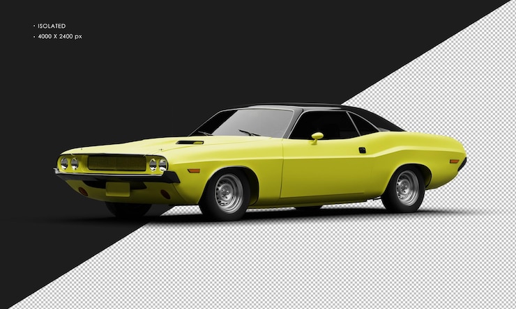 PSD muscle car esporte clássico amarelo fosco isolado realista da vista frontal esquerda